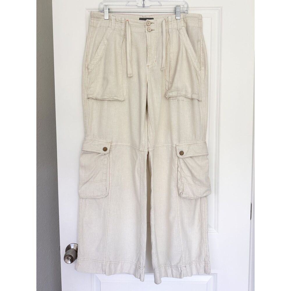 Anthropologie Linen Blend Cargo Pants Womens 10 Beige Wide Leg Utility Boho